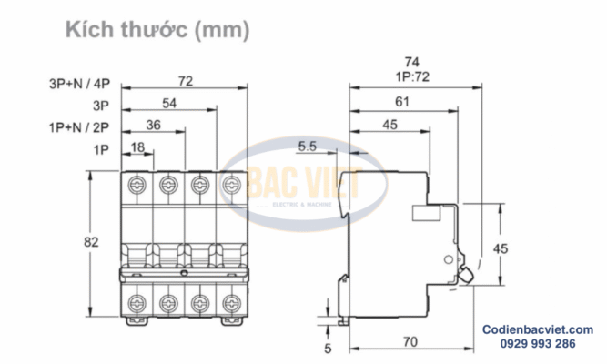 Kích thước của MCB 1P 16A 4.5kA EZ9F34116 Schneider