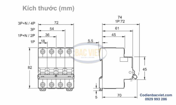 Kích thước của MCB 2P 6A 4.5kA EZ9F34206 Schneider