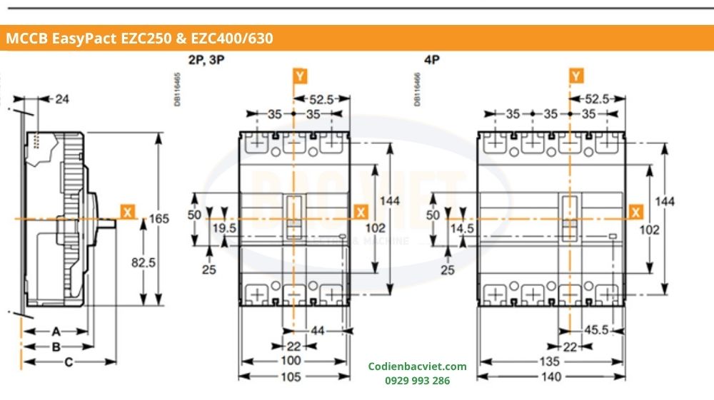 Kích thước MCCB Easypact EZC250 EZC400 EZC630