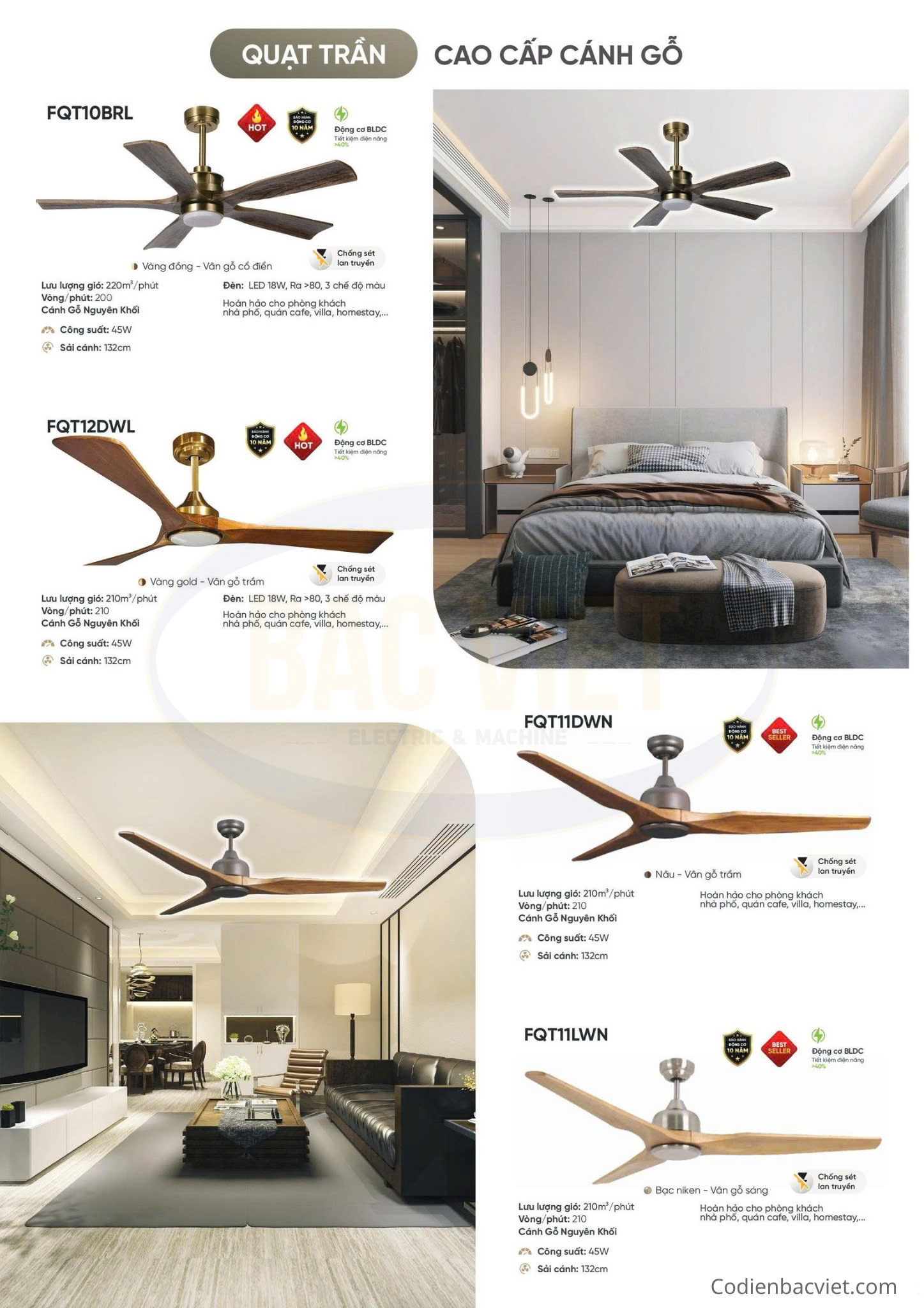 Quạt trần Fratelli hiện đại, gồm quạt trần DC, quạt trần trang trí, quạt đèn và quạt cánh gỗ, phù hợp nhà ở, biệt thự, khách sạn và công trình cao cấp.