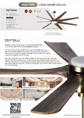 Quạt trần Fratelli hiện đại, gồm quạt trần DC, quạt trần trang trí, quạt đèn và quạt cánh gỗ, phù hợp nhà ở, biệt thự, khách sạn và công trình cao cấp.
